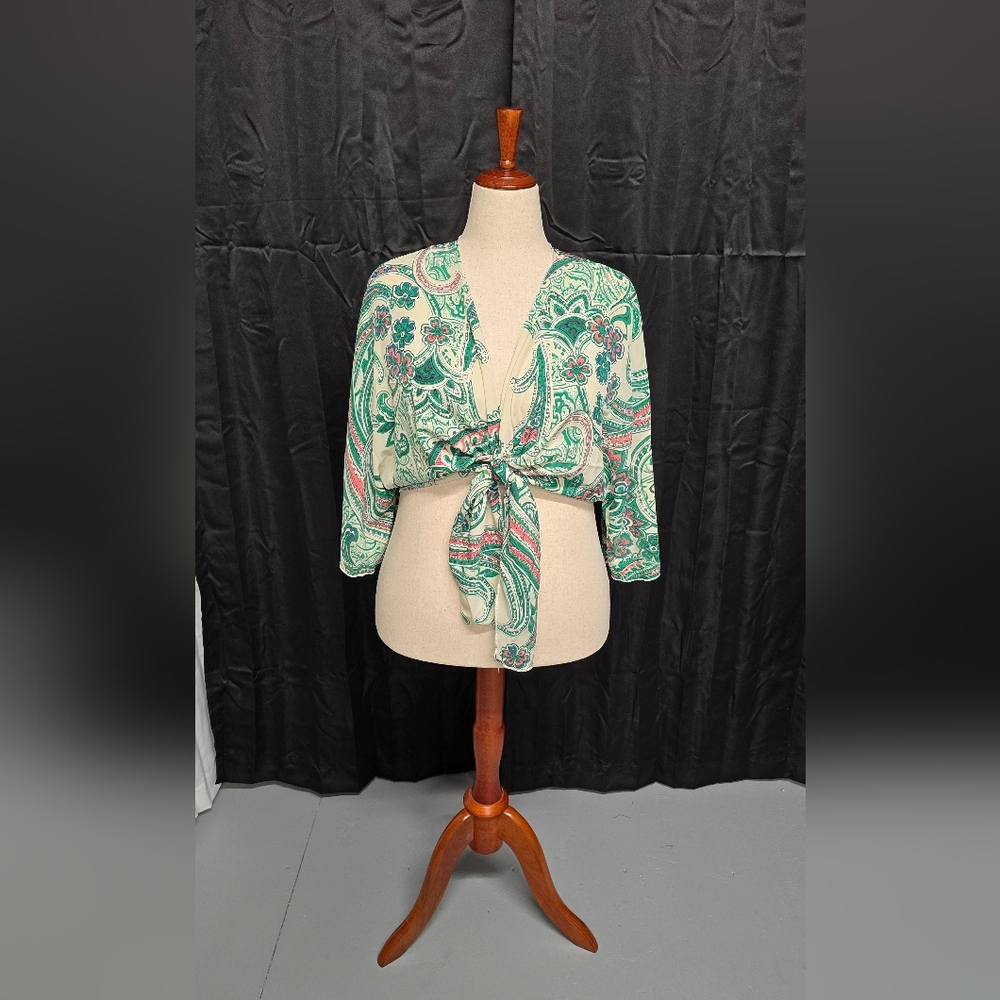 Green and Pink Tie-Front Blouse